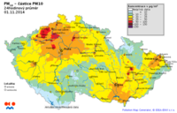 Pole denních koncentrací PM10, ČR, 1. 11. 2014, zdroj: ČHMÚ