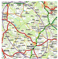 Mapa předpokládané svozové oblasti Centra- Oznámení EIA str. 9- dle původního rozsahu záměru, tj. zpracování 45 000 tun odpadů ročně 