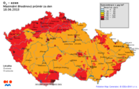 Mapa maximálních klouzavých 8hodinových koncentrací přízemního ozonu v ČR