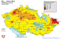 Pole denních koncentrací PM10 v ČR, 12.3.2014