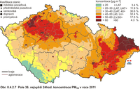 Obr.1a: PM 10 v ČR - Pole 36. nejvyšší denní koncentrace PM10 v roce 2011 (ČHMÚ)